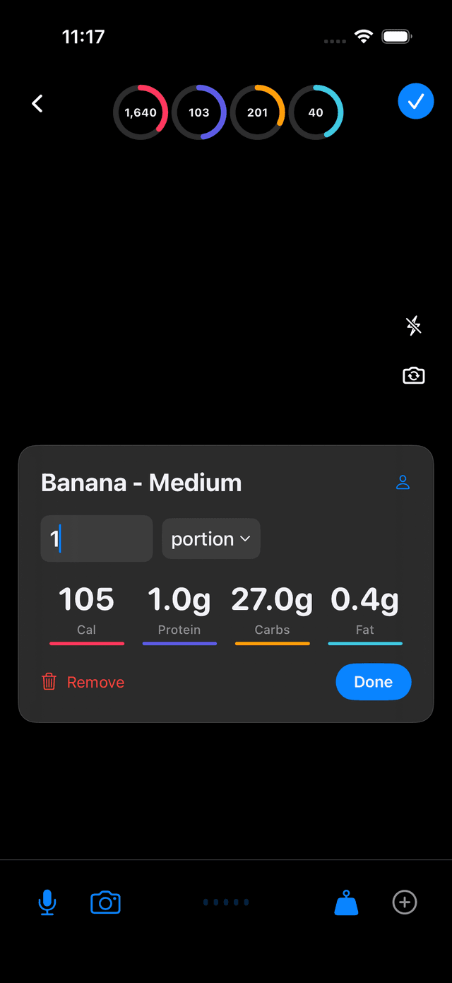 Quick log food detail with macro numbers