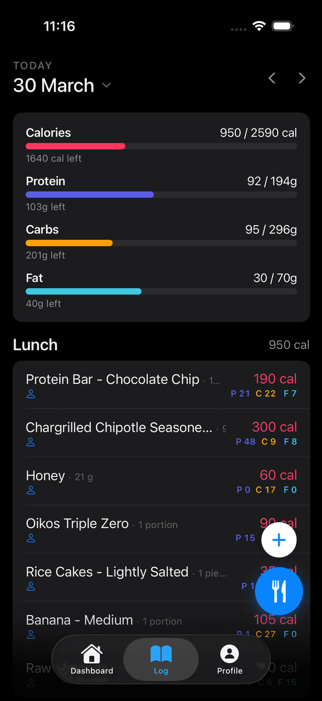 Detailed food log with macro breakdown